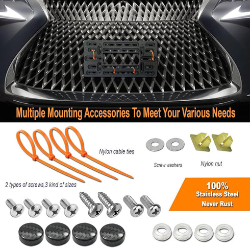 Front License Plate Mounting Kit- Carbon Fiber License Plate Frame and Universal Bracket for 2 Hole Front Bumper, Black Aluminum Car Tag Holder Ad...