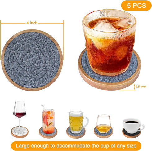 Coasters for Drinks Absorbent Sets of 5, Woven Coasters with Holder, Wood Coasters for Coffee Table, Housewarming Gift for Farmhouse Home Decor, 4...