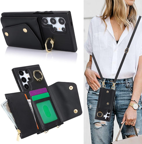 for Samsung Galaxy S24 Ultra (Not S24) Phone Case for Women, Crossbody Wallet Case with Credit Card Holder Lanyard Shockproof Purse Kickstand Case...