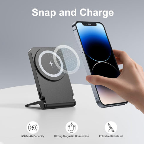 Magnetic Power Bank 5000mAh Wireless Portable Charger with Foldable Stand for Mag-Safe Battery Pack Compatible with iPhone 14/13/12 Mini/Pro/Pro M...