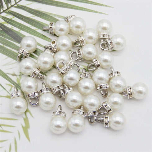 100pcs 8mm White Imitation Pearl Charms Pendants Faux Pearl Beads Charms with Rhinestone for Dangle Earrings Necklace Jewelry Making...