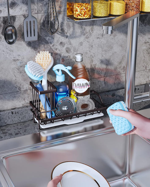 Consumest Sink Caddy Kitchen Sink Organizer, Sponge Holder for Kitchen Sink with Removable Drip Tray for Countertop Dish Soap Holder Dispenser Bru...