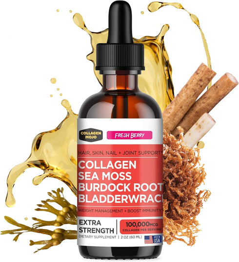 Collagen Mojo - Liquid Collagen for Women & Men, Collagen Peptides with Sea Moss, Burdock Root, Bladderwrack - Hair, Skin, Nails, Joint Support. W...