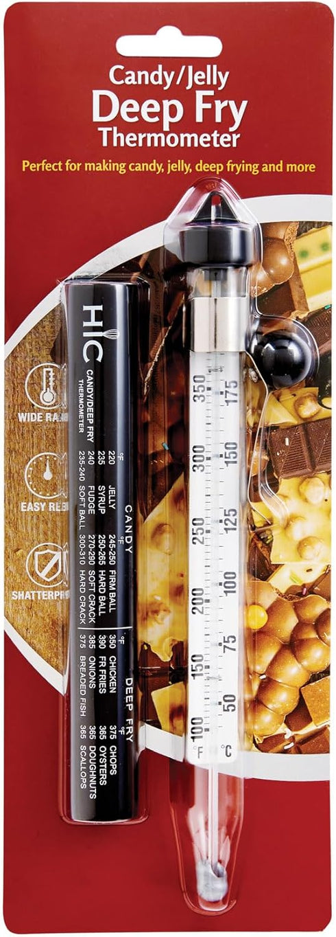 HIC Kitchen Roasting Deep Fry Candy Jelly Thermometer, Easy-Read Glass Tube with Protective Sheath and Temperature Guide...