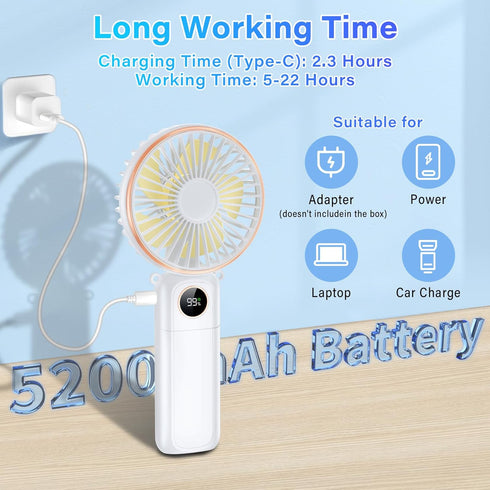 Portable Handheld Fan, 5200mAh Portable Fan Rechargeable, 180° Foldable Small Mini Hand Held Fan, Max 22 HRS Working, 6 Speeds, LED Display, Quiet...
