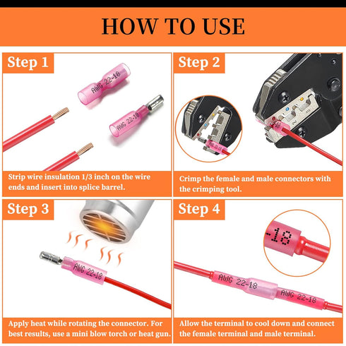 300PCS Heat Shrink Bullet Connectors, Camtek Heat Shrink Female & Male Bullet Butt Connector Insulated Waterproof Marine Crimp Automotive Electric...