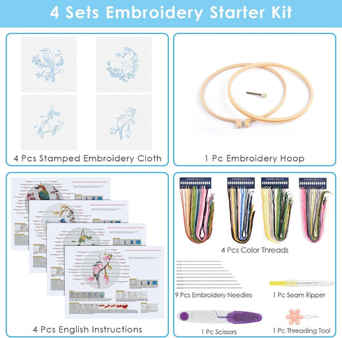 ERKOON 4 Sets Embroidery Kit for Beginners, Art Craft Handy Sewing Set Hummingbird and Flower Cross Stitch Starter Kits, DIY Embroidery Kits with ...