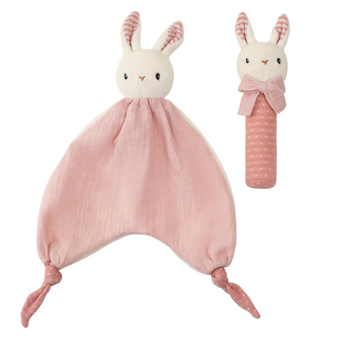 Organic Cotton Stuffed Animal Rattle Baby Toys, Hand Grip Rattle Squeaker Sticks Toys, Bunny Cuddle Cloth and Ring Rattle Plush Toy Set for Newbor...