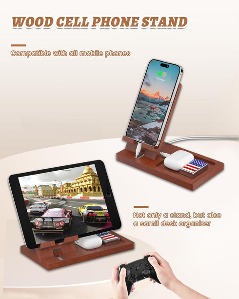 Cell Phone Stand with Tray, Wood Phone Docking Station for Men, Phone Holder for Desk, Men's Docking Station and Organizer, Wooden Desk Organizer...
