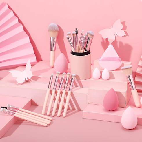 14 Pcs Small Travel Makeup Brush Set Portable Pink Make up Brushes with Case,5 Pcs Makeup Sponge,Valentine's Day Gift,Mother's Day Gift for Founda...