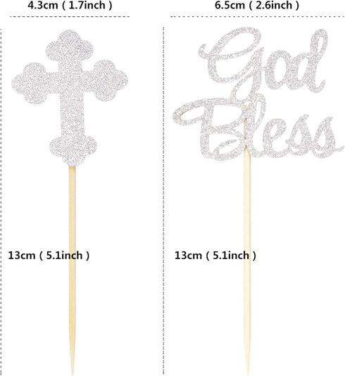 Ercadio Silver Glitter God Bless and Baptism Cupcake Toppers Cross Cupcake Picks Christian Party Decoration Supplies 24 PCS...