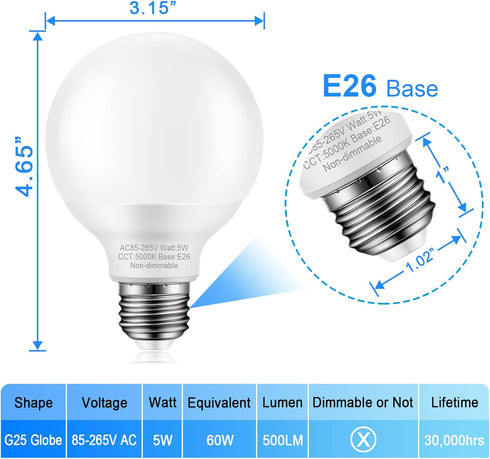 8 Pack Bathroom Light Bulbs, 60 watt Equivalent, E26 Medium Base, Daylight 5000K, G25 LED Globe Light Bulbs for Bathroom Vanity, 120V Round Light ...