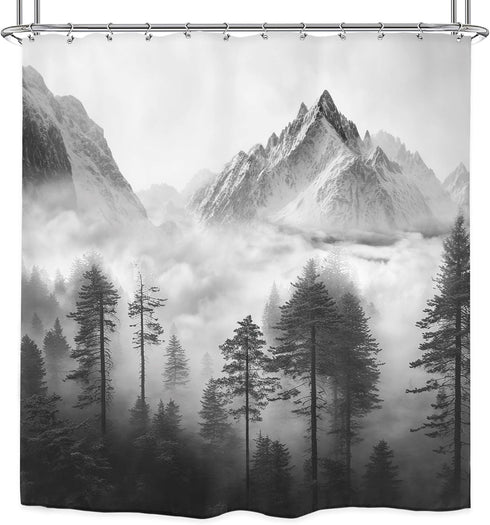 Riyidecor Misty Shower Curtain 72Wx72H Inch Foggy Snow Mountain Scenery National Park Smokey Tree Woodland Landscape Black Gray for Men Bathroom D...