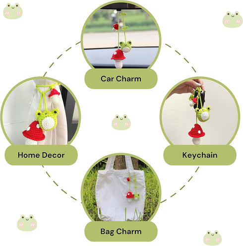 2PCS Crochet Frog and Mushroom Ornament, Accessories for Rear View Window, Handmade Hanging Car Charm, Automotive Interior Decorations, House Deco...