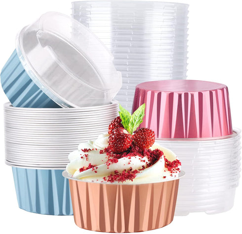 EUSOAR Baking Cups Aluminum Foil, 5oz Pack of 30 Blue Red Rose Gold Cupcake Cups with Lids, 125ml Pie Ramekins, Desserts Flans, Custard Cake Puddi...