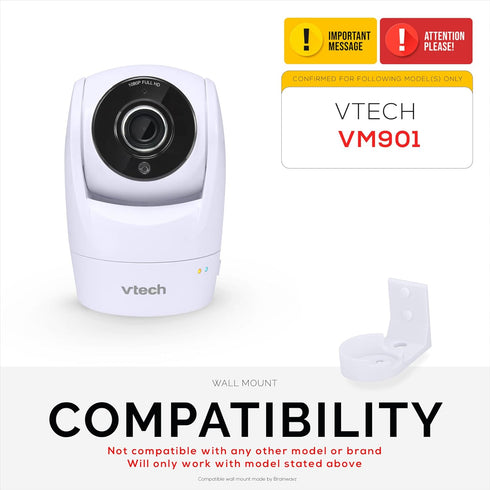 Drill Free Wall Mount for VTech ?VM901 Camera, Easy to Install Holder with Strong Adhesive, No Mess, Reduces Blind Spots & Clutter, Designed by Br...