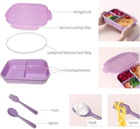 ASYH Bento Box Lunch Box Classic 3 Compartment Bento Box for Adults Ideal Leakproof Lunch Containers with Utensils, Microwave and Dishwasher Safe ...