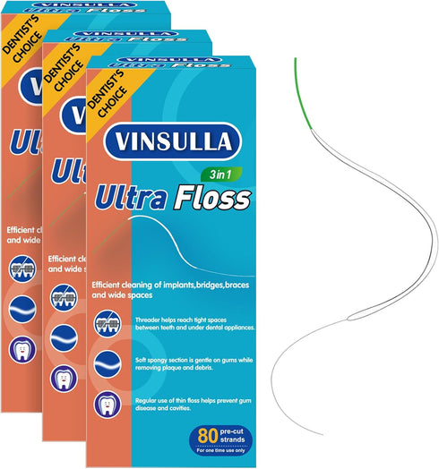 Dental Floss for Braces, Floss Threaders for Bridges and Implants 80 Pre-Cut Strands (Pack of 3)...