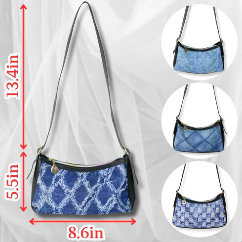 Faux Leather Mini Denim Printed Hobo Purse, Jean Pattern Casual Bag for Women, Lightweight Retro Shoulder Handbag...