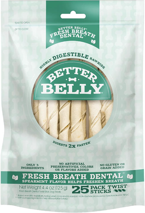 Better Belly Fresh Breath Dental Twist Sticks,Highly Digestible Rawhide for Dogs, 25 Count...