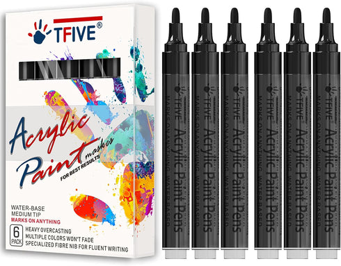 Black Acrylic Paint Marker Pens - 2-3mm Medium Tip, 6 Pack Permanent Black Water Based Paint Pen for DIY Projects, Paintings for Rock, Fabric, Woo...
