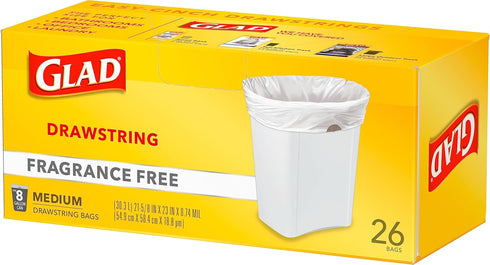 Glad Trash Bags, Medium Drawstring Garbage Bags, 8 Gallon, White, Fragrance Free, 26 Count, Pack May Vary...