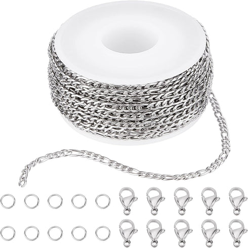 SUNNYCLUE DIY 10M 32.8 Feet 3MM Silver Chain Roll Figaro Chains Silver Plated Necklace Stainless Steel Cable Long Craft Link Chain Bulk for Jewelr...