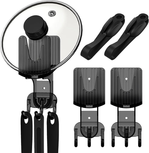 Universal Pot Lid Holder, 2 Pack Self Adhesive Pot Lid Organizer, Along with Three Hooks at The Bottom and 2 Pack Command Cord Bundlers for Kitche...