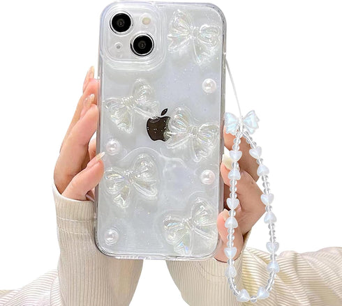 Ownest Compatible with iPhone 13 Case with Clear Cute 3D Bowknots and Pearl Aesthetic Patterns for Women Teen Girls, Glitter Sparkle Back and Full...
