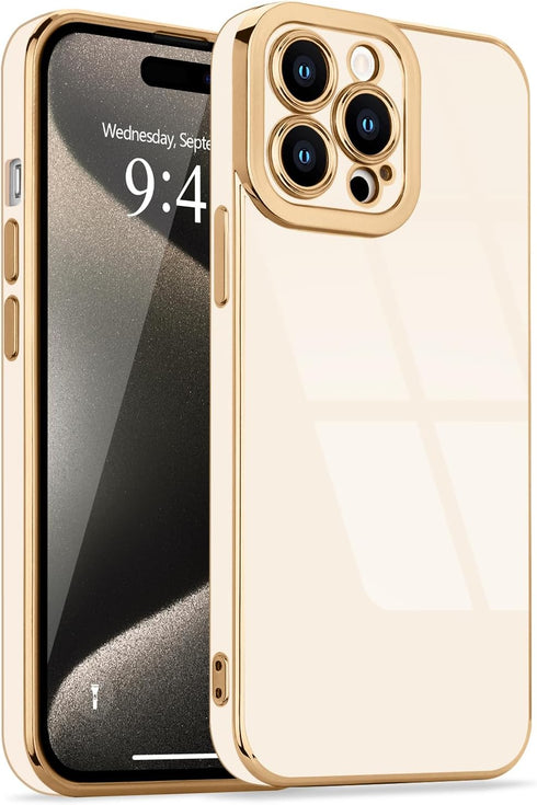 Lafunda Designed for iPhone 15 Pro Max Case Cute, Luxury Plating Case for Women Girls Gold Edge TPU Bumper Cover with Camera Protection Shockproof...