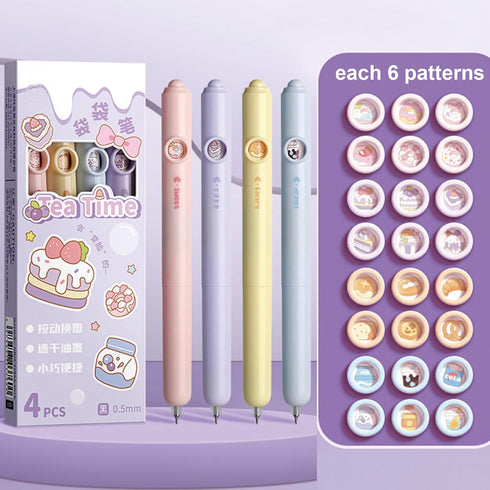 4 Pcs Cute Retractable Pens Cartoon Gel Pens Funny Faces Pens 0.5mm Black Writing Pen Office School Pens Women Girls Men Boy Pens (Tea Time)...