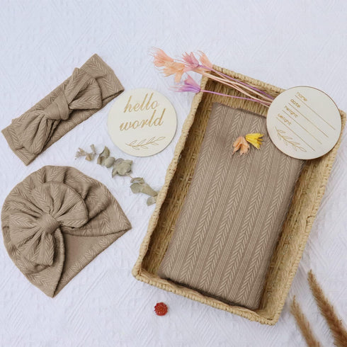 Golener Baby Swaddle Blankets for Boys&Girls, Newborn Swaddle Set with Matching Hat and Headband Bow with Wooden Birth Announcement Card, Simulate...