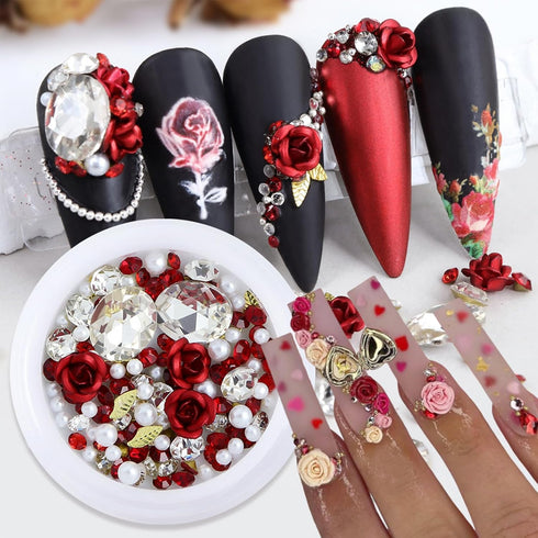 2 Boxes Flower Nail Charms 3D Rose Metal Acrylic Floral Nail Art Rhinestones with Pearls Red Rose Metal Flower Shiny Nail Gems Diamonds Nail Jewel...