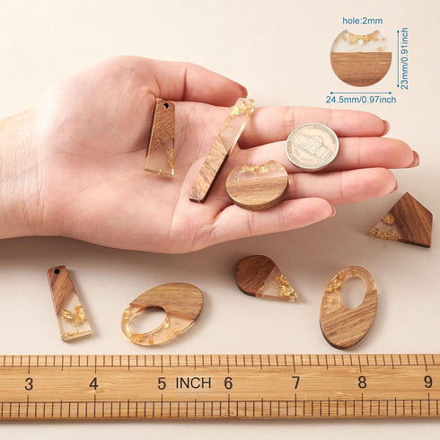 FASHEWELRY 20Pcs Resin Wooden Earring Pendants 10 Styles Gold Teardrop Rectangle Rhombus Flat Round Geometry Vintage Resin Wood Statement for Jewe...