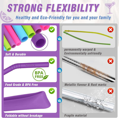 Walfos Reusable Silicone Straw - 2 Size Flexible Drinking Bendy Straws for Smoothies/20 & 30 oz Tumblers, BPA Free (4 Wide Straws + 4 Regular Stra...