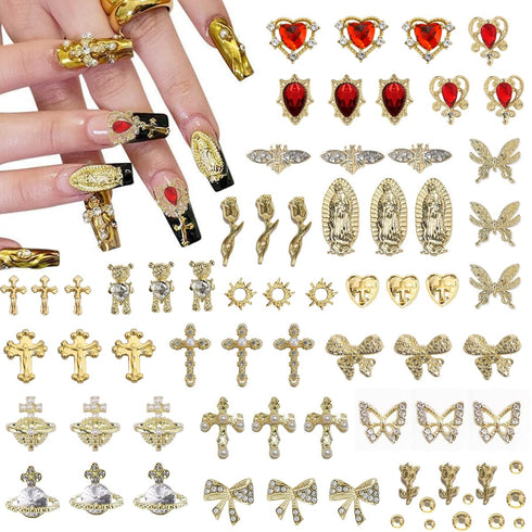 80+ Pcs Golden Nail Charms with Nail Art Rhinestones Gold Cross Virgin Mary and Rose Nail Gems for Acrylic Nails Accessories for Women Nail Decora...