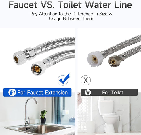 JUWO 16" Faucet Supply Line Extension, 3/8" x 3/8" Comp Stainless Steel Faucet Extension Hose Connector, For Large Sink or Longer Distance Extenti...
