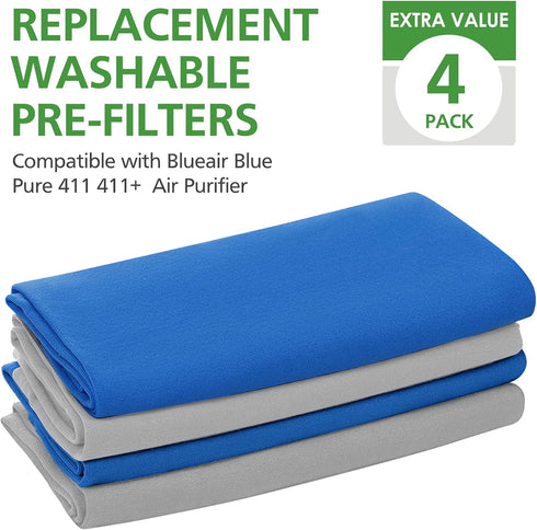 4 Pack 411 Replacement Washable Pre-Filters for Blueair Blue Pure 411, 411+, 411 Auto and Mini Air Purifier, Removes Pollen, Dust, Pet Dander,2 X ...