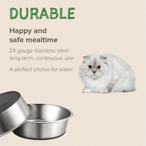 2 Pack Stainless Steel Cat Bowls, Premium Metal Cat Bowls with Non Slip Rubber Bottom, Dishwasher Safe, Easy to Clean, 2 Cup, Gray Bottom...