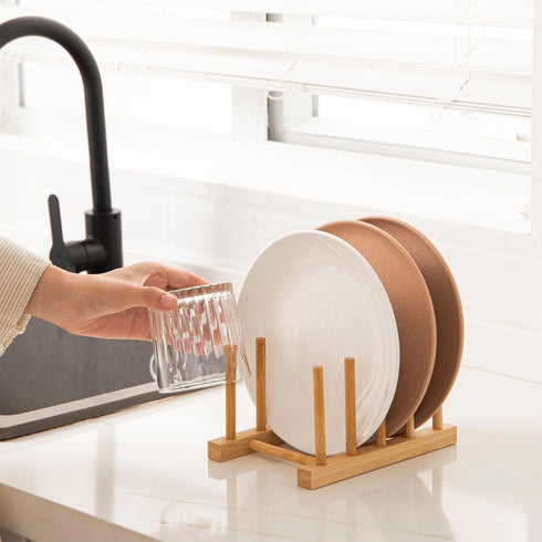 HBlife 2pcs Bamboo Dish Plate Bowl Cup Book Pot Lid Cutting Board Drying Rack Stand Drainer Storage Holder Organizer Kitchen Cabinet?Keep Dry?...
