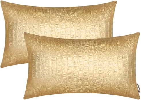 BRAWARM Faux Leather Pillow Covers 12 X 20 Inches, Gold Leather Pillow Covers Pack of 2, Crocodile Leather Decorative Lumbar Throw Pillows for Liv...
