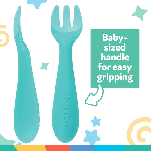 Nuby Silicone Easy Grip Fork & Spoon Set, 12+m in Aqua...