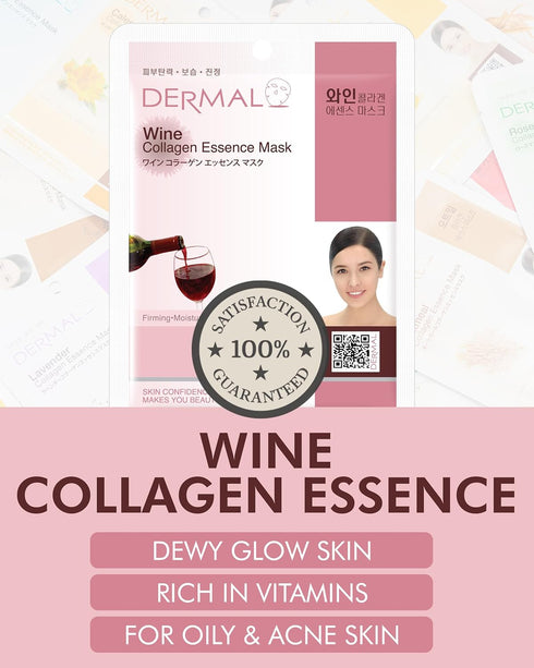 DERMAL Wine Collagen Essence Korean Facial Mask Sheet Pack of 10 - Hydrating & Revitalizing Tired Skin, Elasticity, Radiant Skin - Hypoallergenic ...
