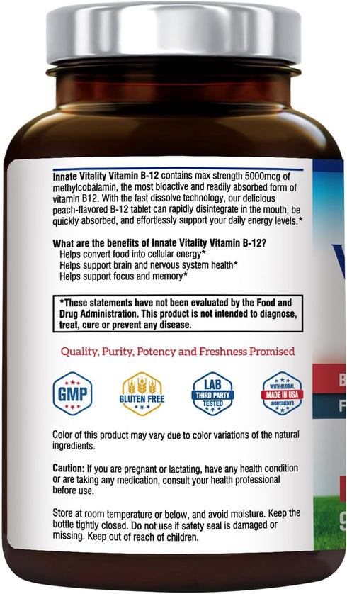 Innate Vitality Vitamin B12 5000mcg, Vegan Methylcobalamin, Fast Dissolve Tablets, Natural Peach Flavor, Supports Energy Production & Healthy Nerv...