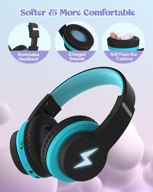 Kids Bluetooth Headphones, Colorful Wireless Over Ear Headset with LED Lights, Built-in Mic, 45H Playtime, 85dB/94dB Volume Limited Headphones for...