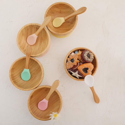 Baby Bowls and Spoons, Baby Bamboo Bowl and Spoon | Silicone Suction | Bamboo Baby Bowls for Baby | Baby Bowls First Stage | Baby Wood Bowls (Cyan...