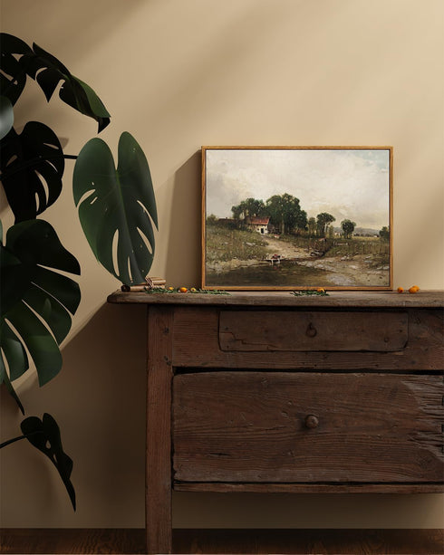 ARPEOTCY Vintage Framed Canvas Wall Art, Marsh Farm Cottage Retro Painting Print Artwork, Nature Landscape Farmhouse Wall Pictures for Bedroom Kit...