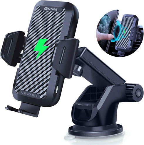 Wireless Car Charger, WAITIEE 15W Fast QI Charging Cell Phone Automobile Chargers, Auto Clamping Inductive Air Vent Dashboard Car Mount for iPhone...