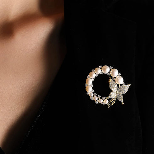 Wreath Brooch Natural Pearl Butterfly Scarf Buckle Pin Empty Holder Accessories Wedding Corsage, White Pearl (X2263-1-230)...