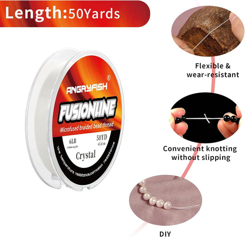 ANGRYFISH Fusionline,0.006 in/0.15 mm Diameter Micro-Fused Braided Thread,Break Strength 6 lb,50 Yard Spool, Crystal Color,Super Strong Stringing ...